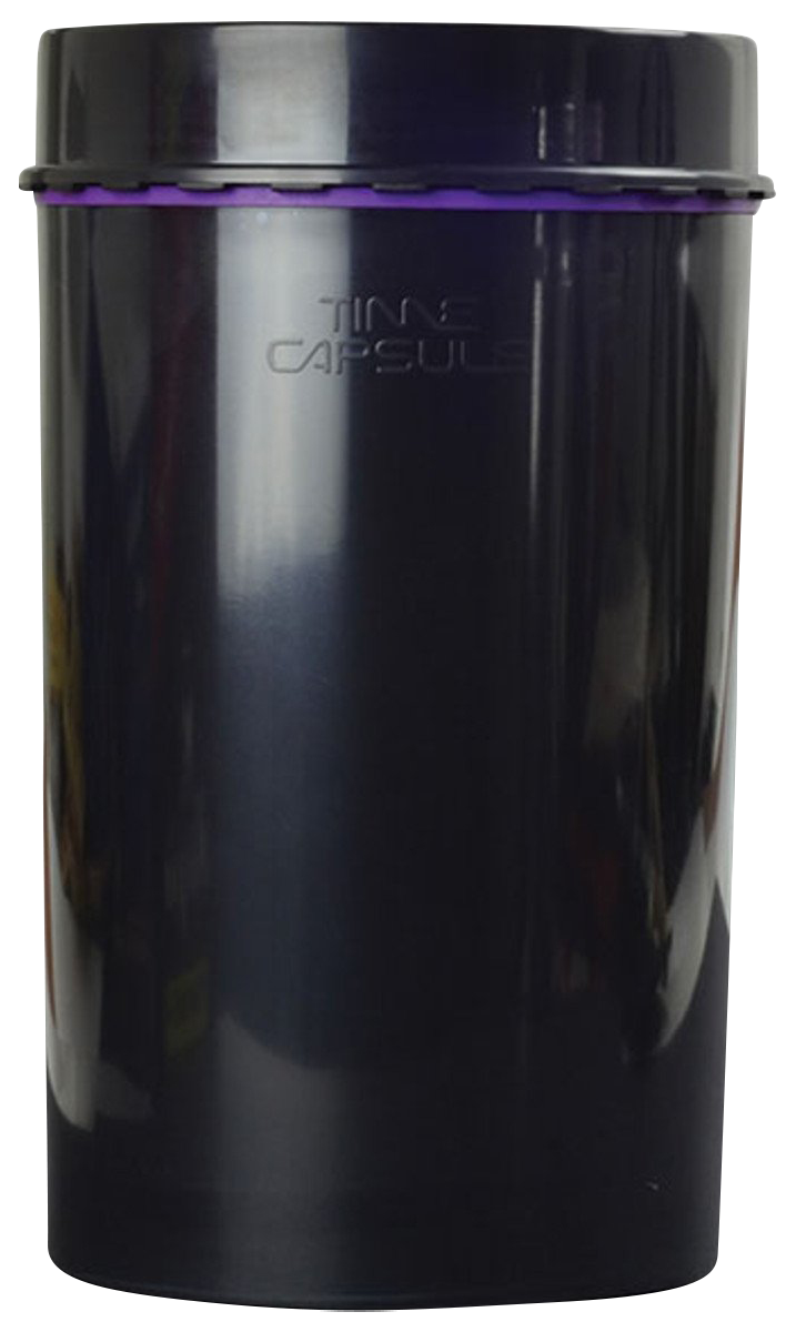 Front view of the "Time Capsule" Sealable Storage Device, a black cylindrical container with a screw-on lid.