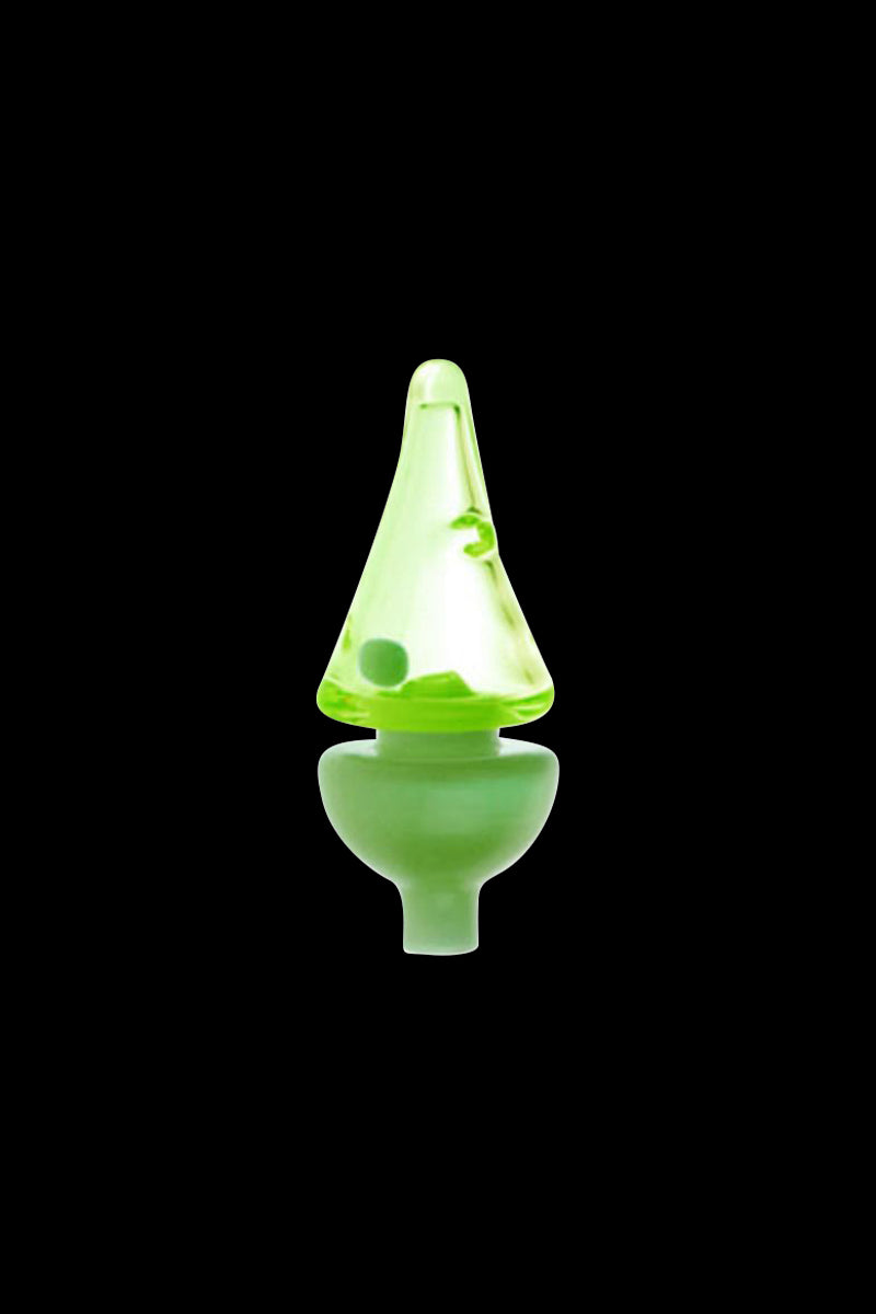 A close-up view of the Tornado Spinning Kinetic Ball Carb Cap, showing its swirling, transparent design against a dark background.