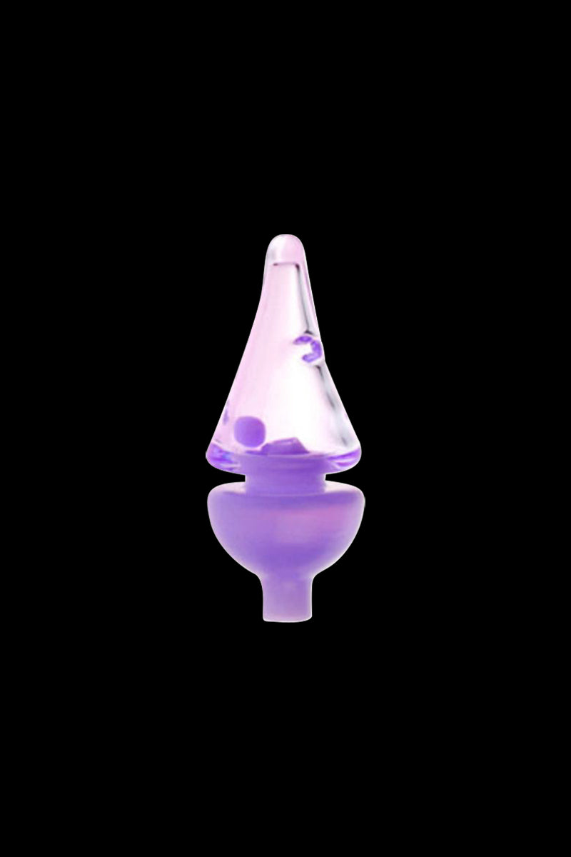 A side view of the Tornado Spinning Kinetic Ball Carb Cap, showing its rounded, translucent purple shape.
