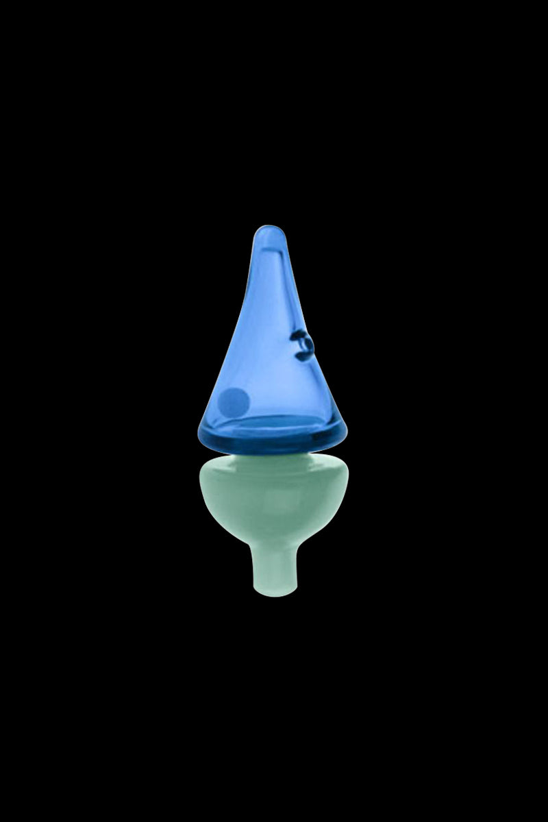 A close-up, angled view of the Tornado Spinning Kinetic Ball Carb Cap, showing its smooth, blue and green glass construction.