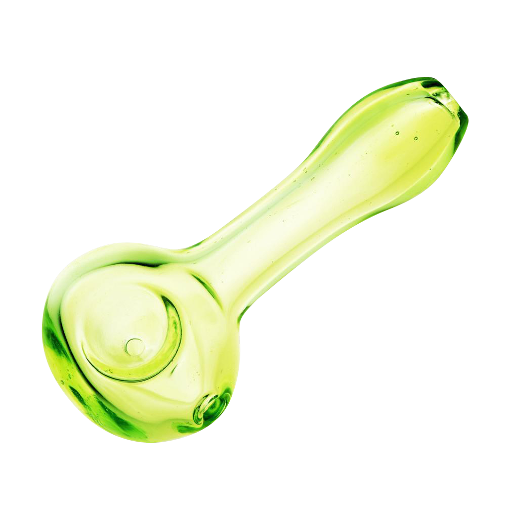 A close-up of the translucent spring green Spoon Pipe, showing its curved form and smooth glass finish.