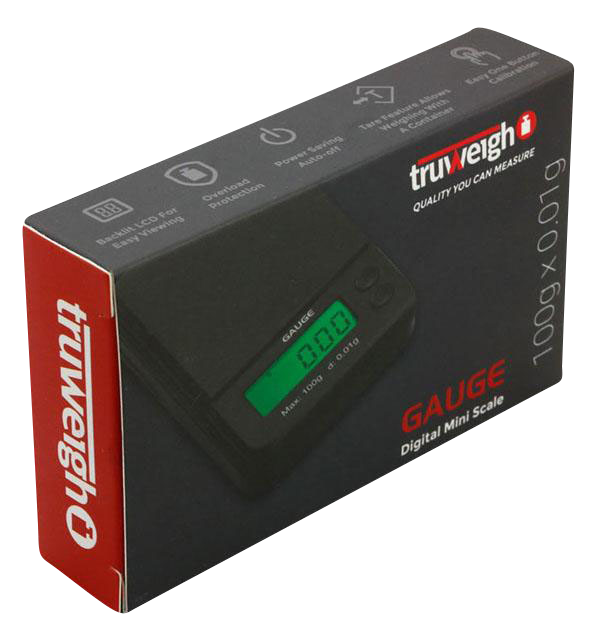 A close-up of the Truweigh Gauge Digital Mini Scale with its digital display, showing a side view of the compact device.