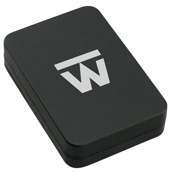 Angled top-down view of the black Truweigh Gauge Digital Mini Scale - 600g x 0.1g case showing a white stylized "TW" logo on the lid.