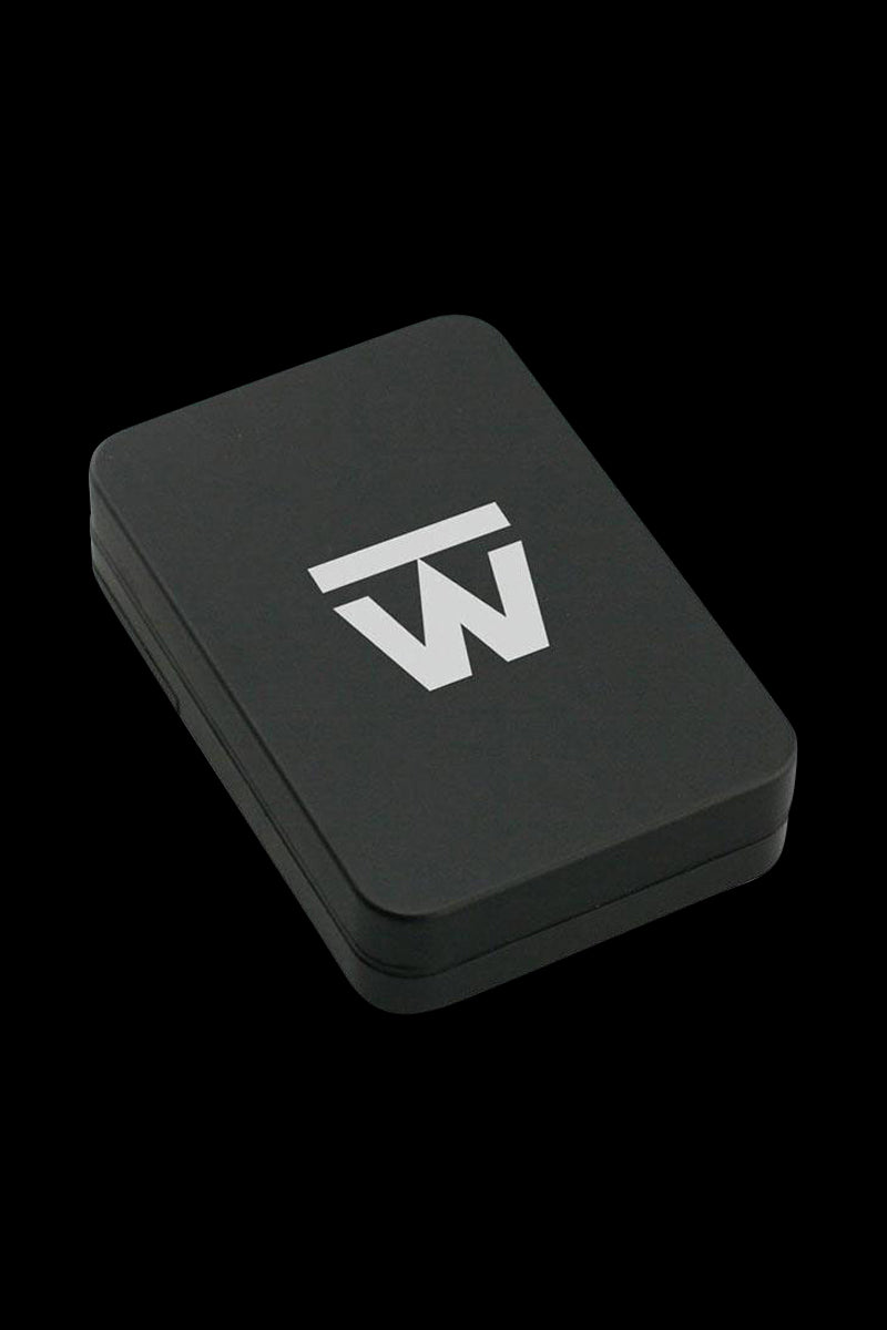 Angled top-down view of the black Truweigh Gauge Digital Mini Scale - 600g x 0.1g case with a white stylized "TW" logo on a black background.
