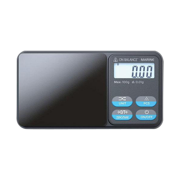 Close-up of the Truweigh Marine Washdown Mini Scale displaying “0.00” on its digital screen.