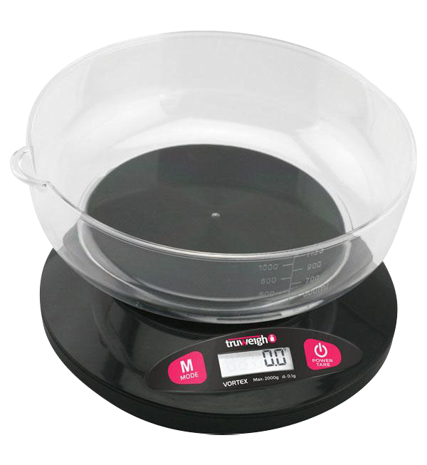 A top-down view of the Truweigh Vortex Digital Bowl Scale, showing a black bowl with a digital display.