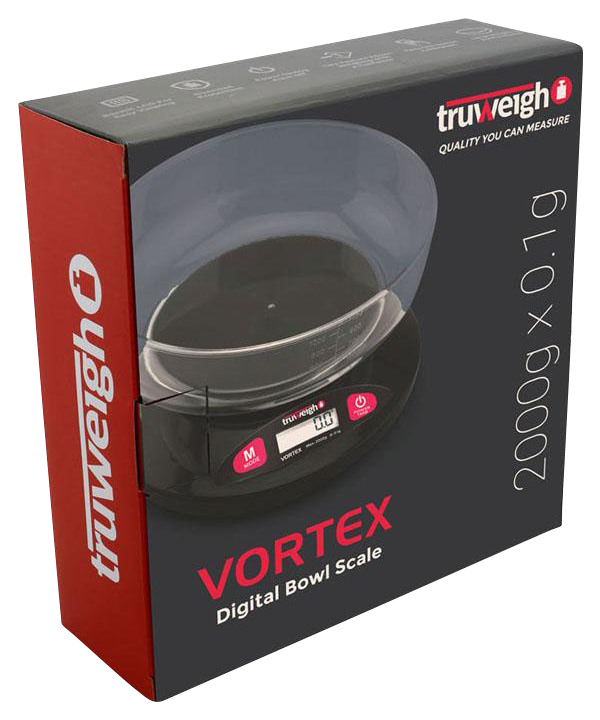 A close-up, angled shot of the Truweigh Vortex Digital Bowl Scale, showcasing its sleek, black design and digital display.