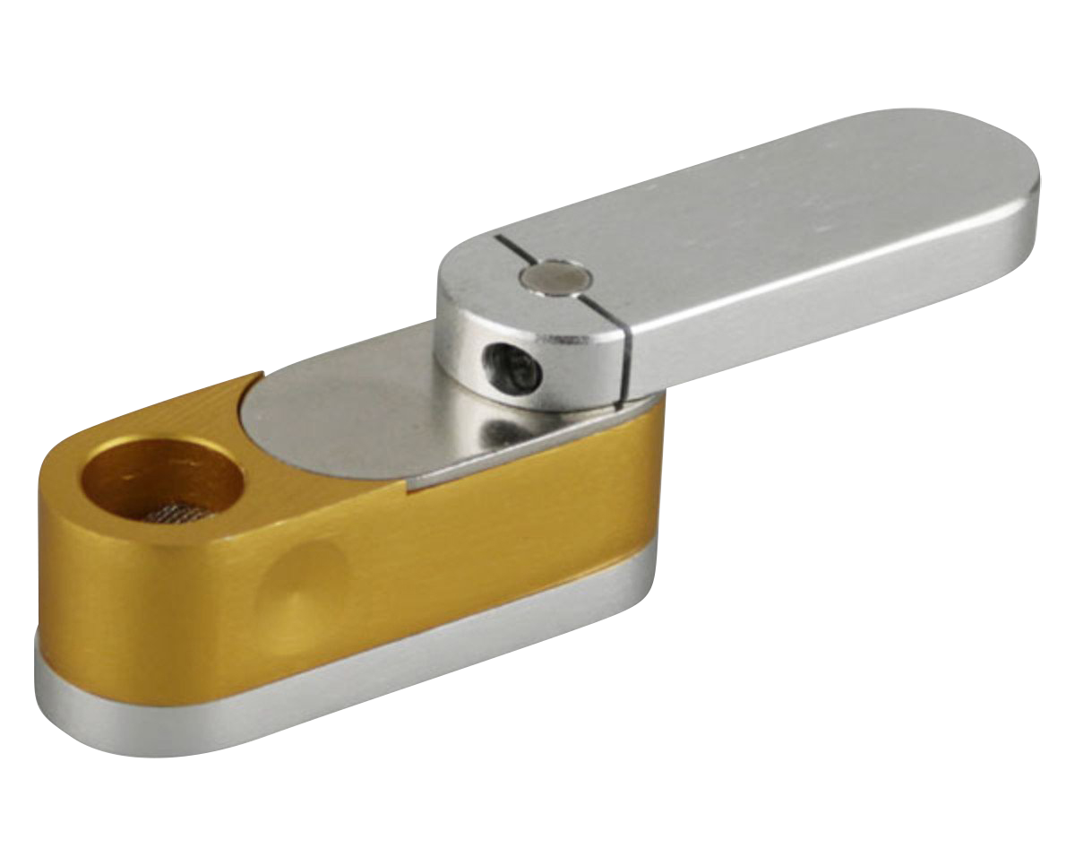 A side view of the Two Tone Metal Twist-Out Pipe with Storage, showing its silver and gold tones and closed twist-out mechanism.