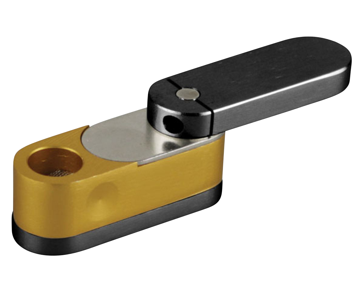 A side view of the Two Tone Metal Twist-Out Pipe with Storage, showing its metallic, two-toned finish and open twist-out mechanism.