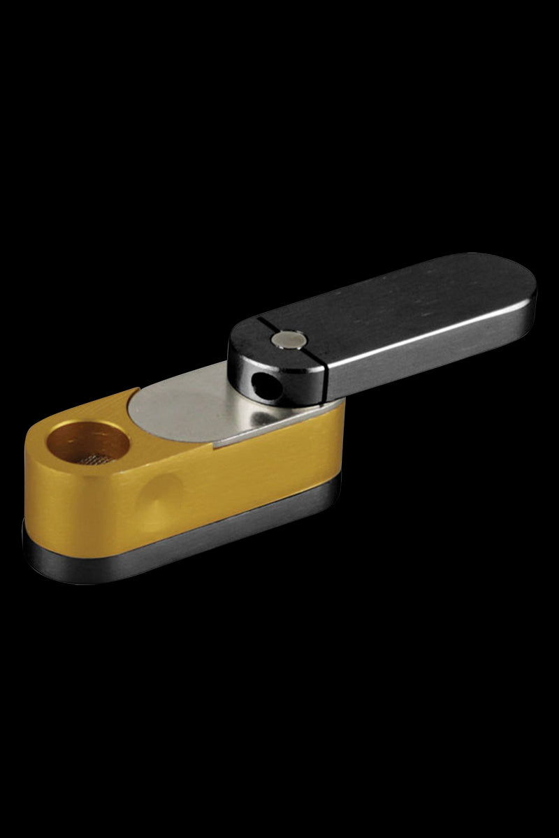 A close-up shot of the Two Tone Metal Twist-Out Pipe with Storage, displaying its metallic finish and compact, twisted design.