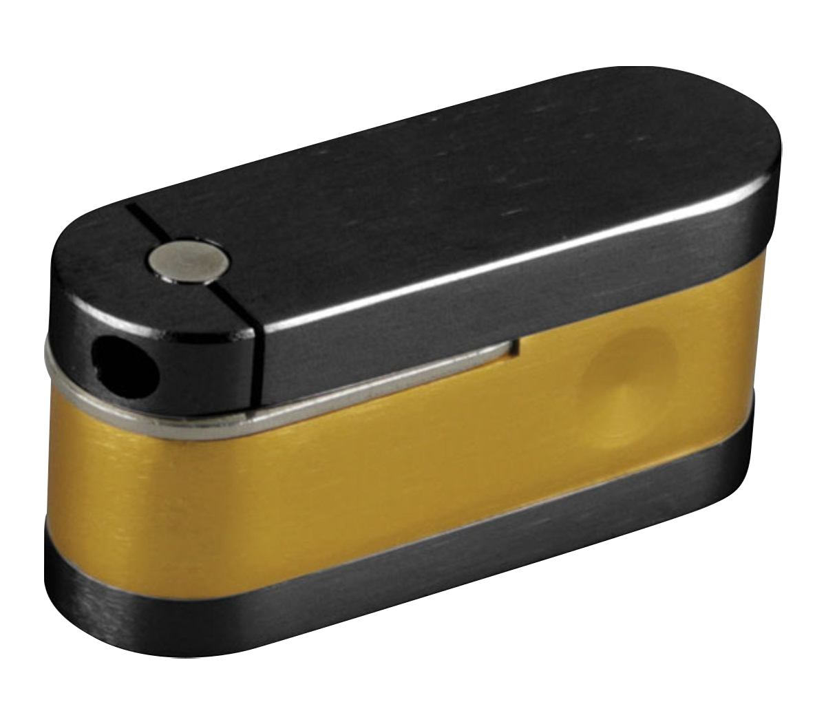 Front view of the Two Tone Metal Twist-Out Pipe with Storage, showcasing its metallic two-tone design and compact, cylindrical form.