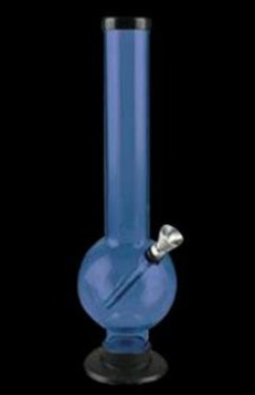 Blue glass water pipe (bong) with metal mouthpiece.
