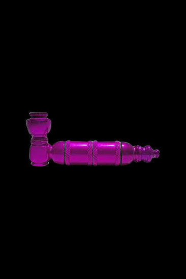 Neon pink glass pipe against a black background.