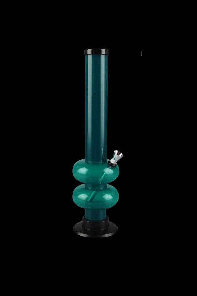 Teal glass bong with multiple bubbles and metal mouthpiece, isolated on black.