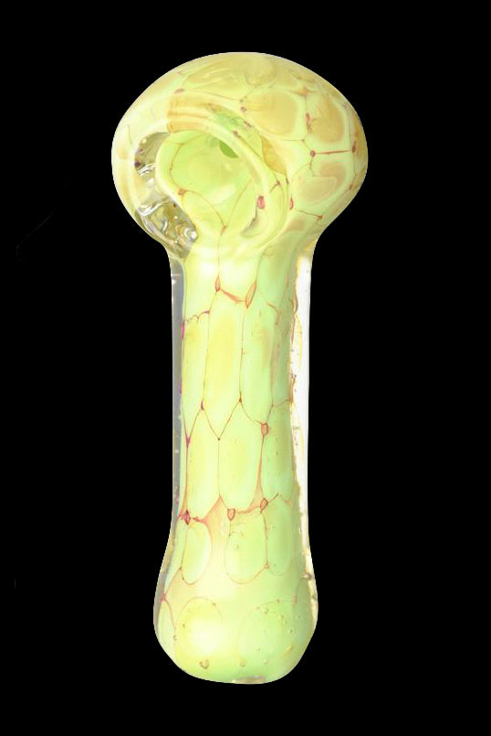 Green glass smoking pipe with red veins.
