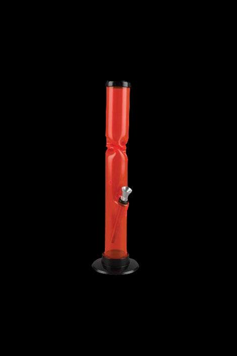 Red acrylic water pipe against a black background.
