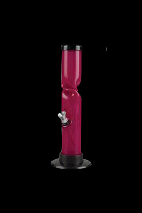 Red acrylic water pipe with a flared base, isolated on a black background.