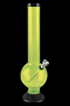 Green acrylic water pipe (bong) with a spherical base.