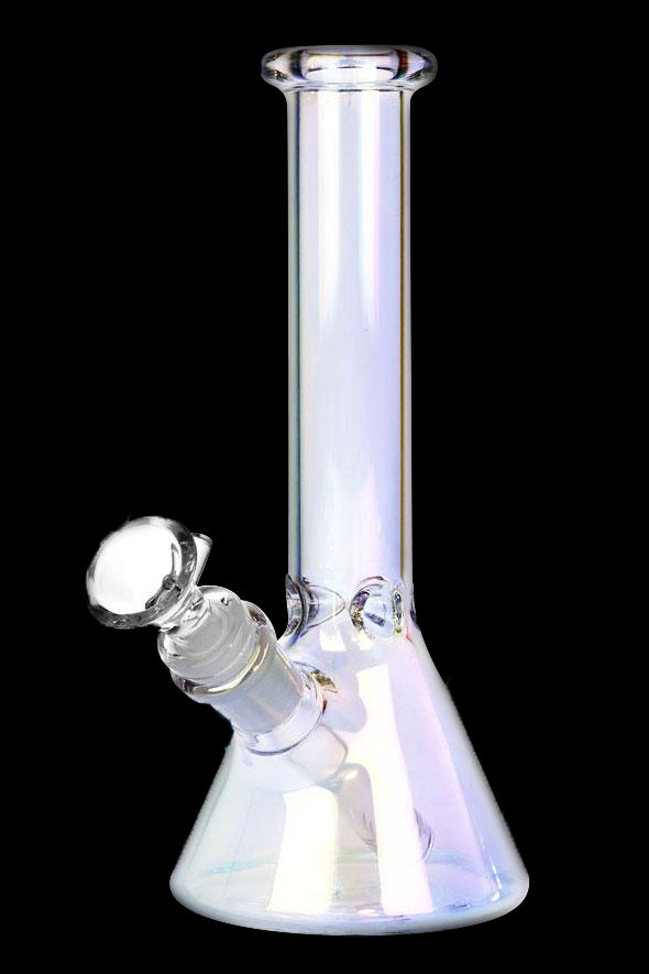 Iridescent glass bong against a black background.