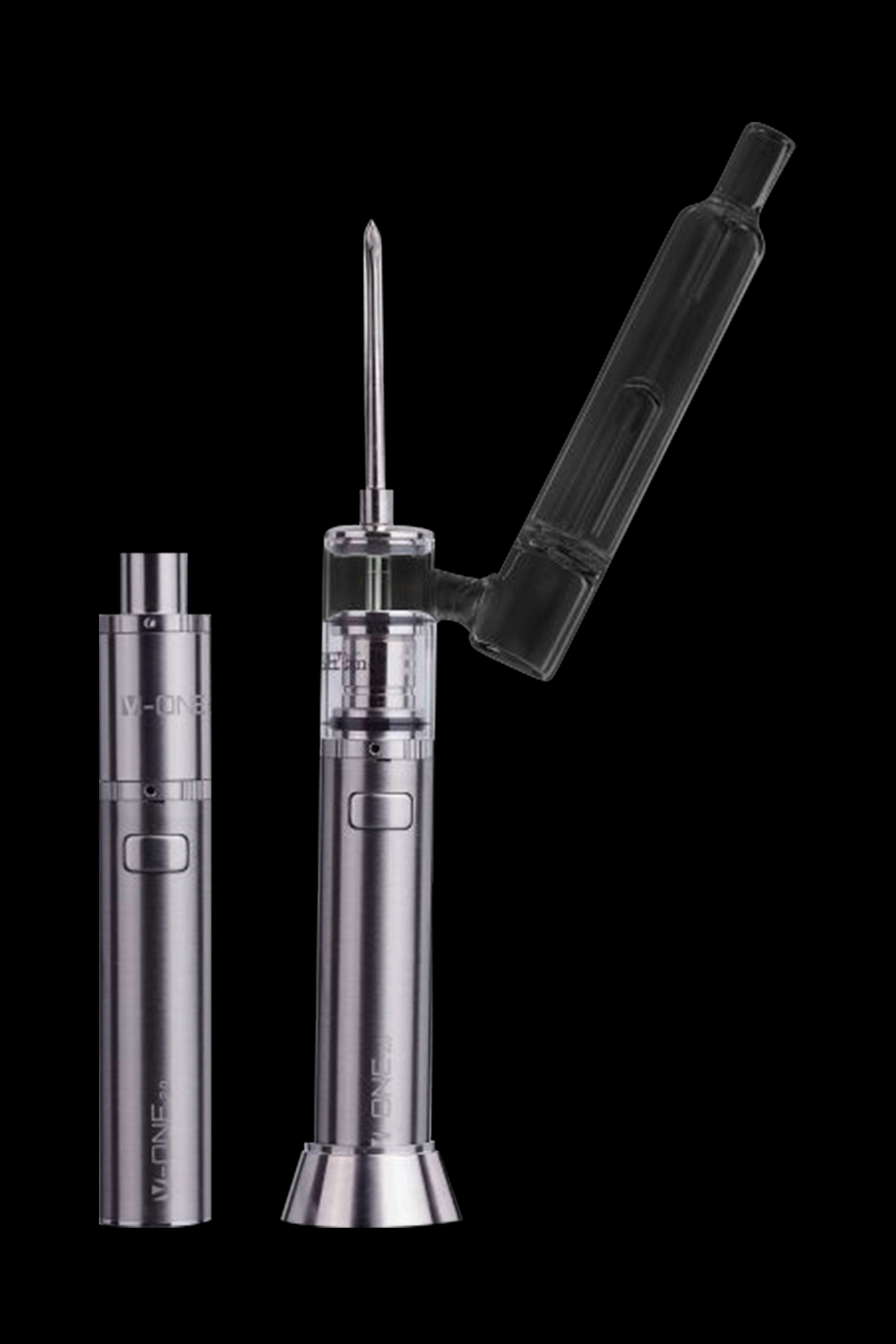 Silver cannabis dab pen with glass mouthpiece, shown disassembled and assembled.