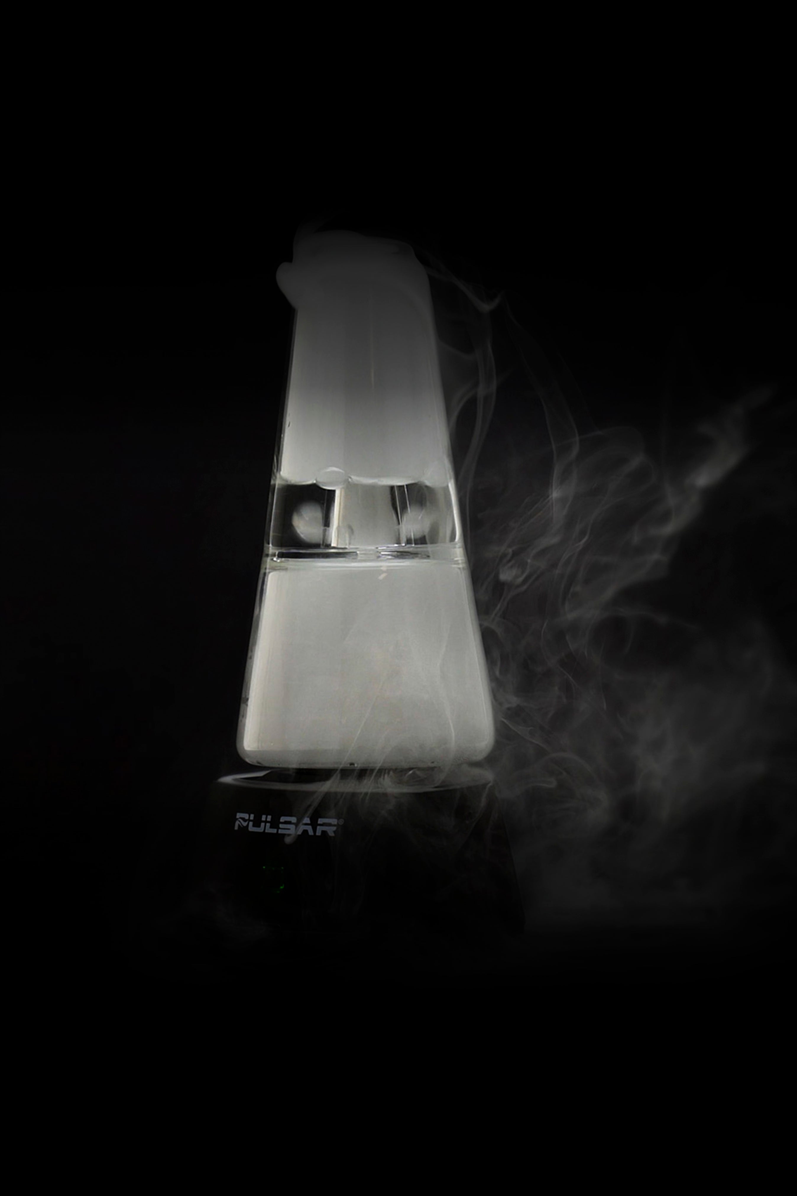 Sleek, white cannabis vaporizer with visible vapor trails against a black background, branded “Pulsar.”