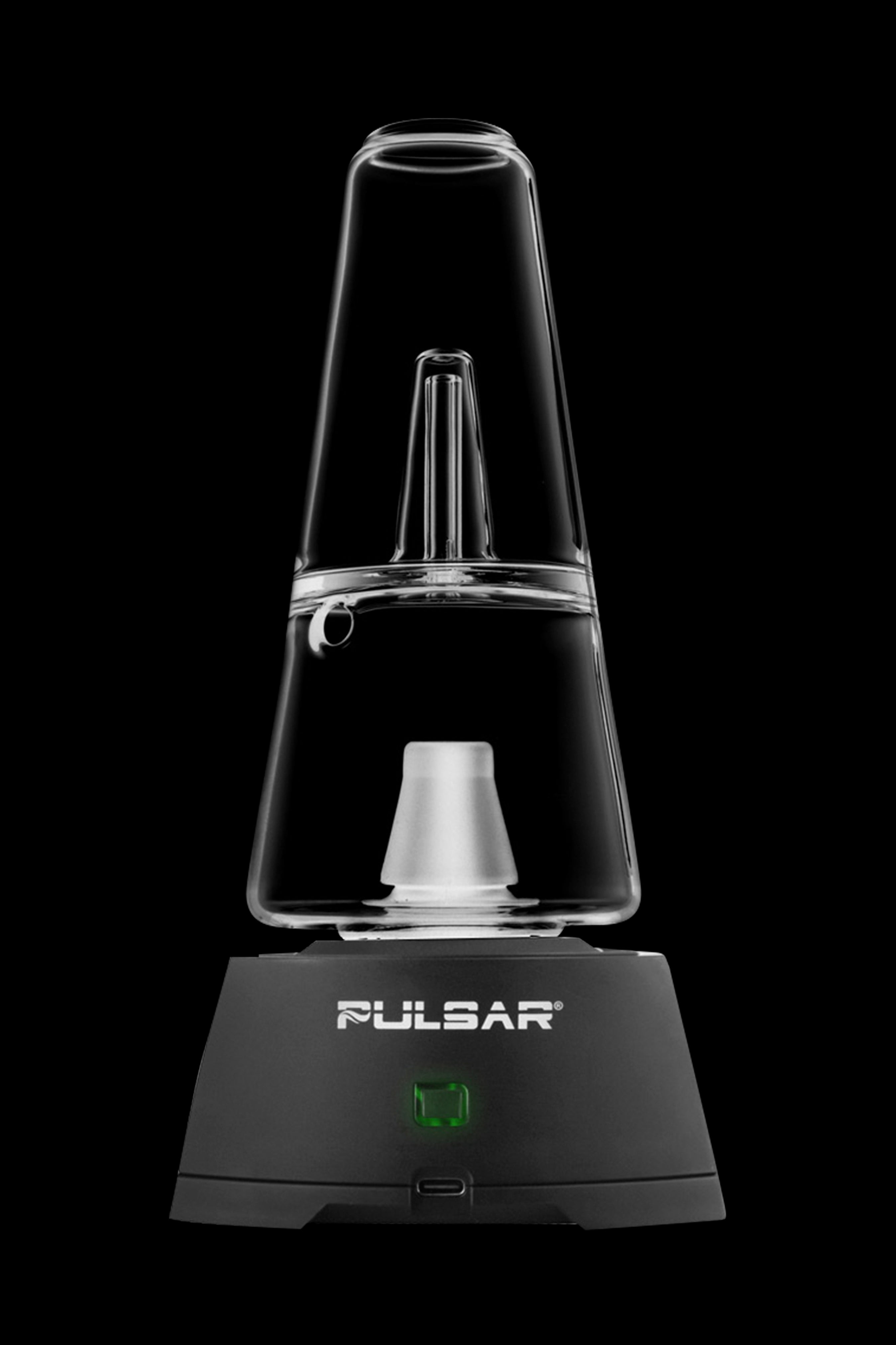 Black and clear electronic dab rig with a glass water pipe attachment, branded “Pulsar.”