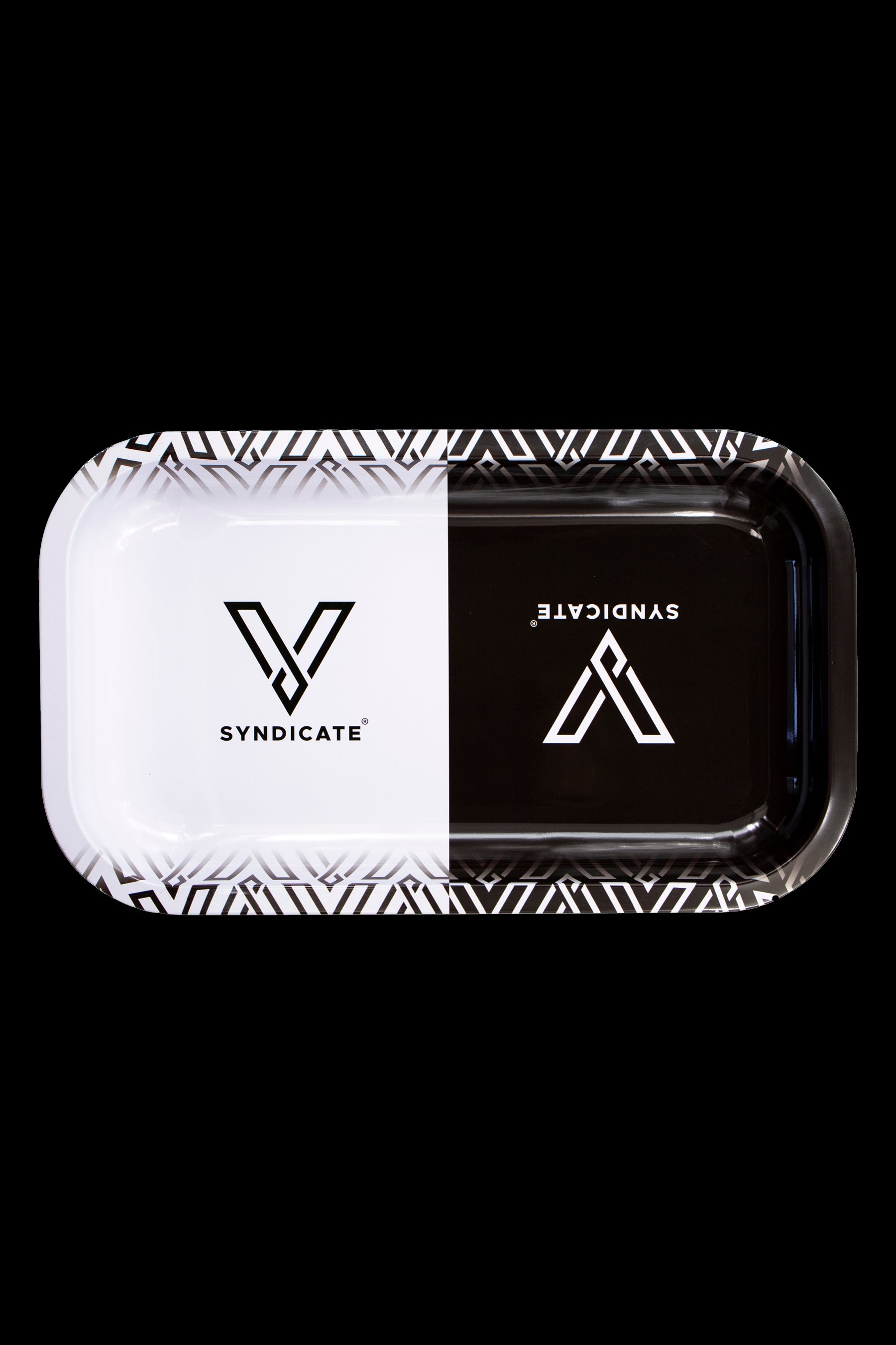 Syndicate branded rolling tray, split between white and black with a geometric pattern.