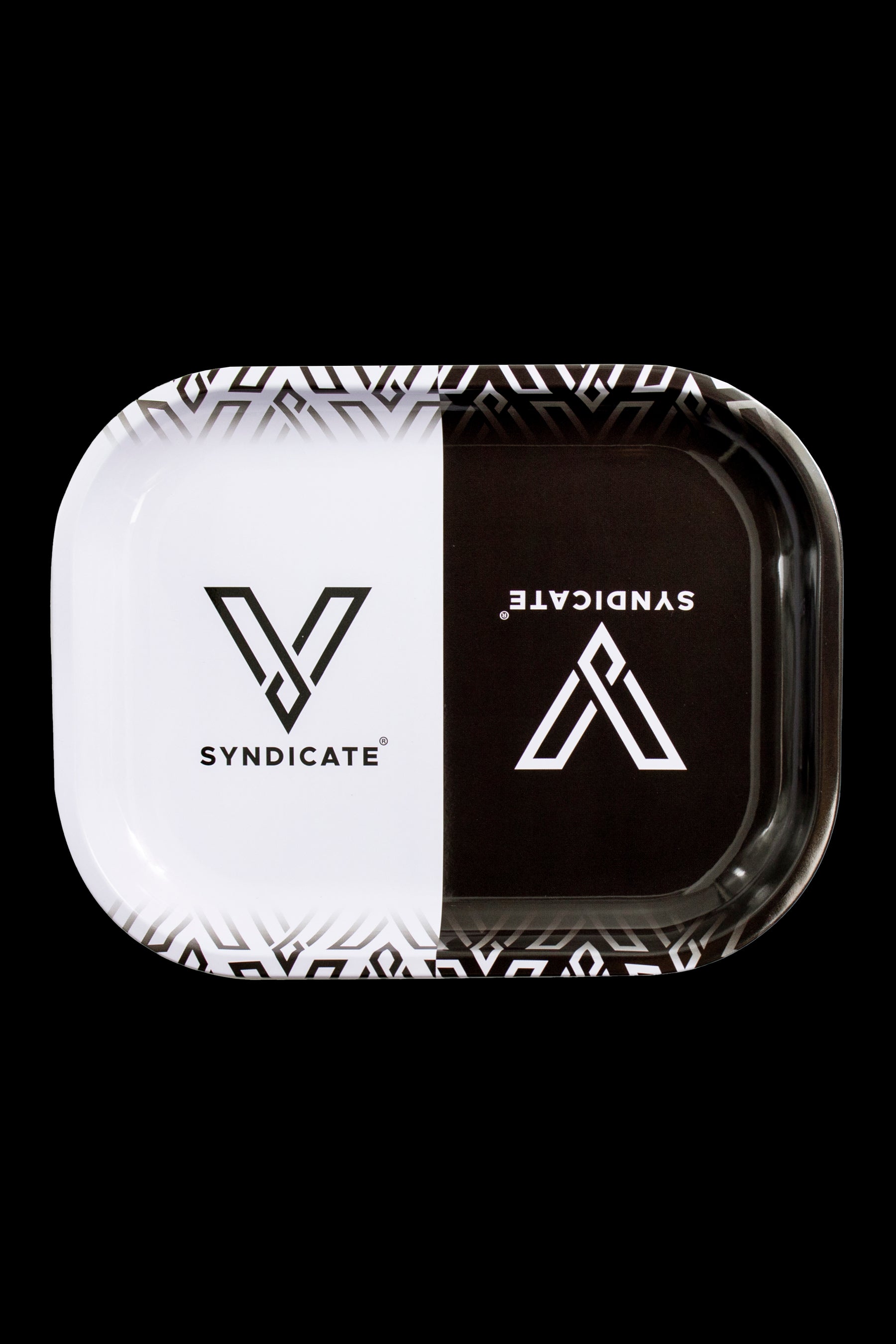 Syndicate branded rolling tray, half white and half black with a geometric logo.