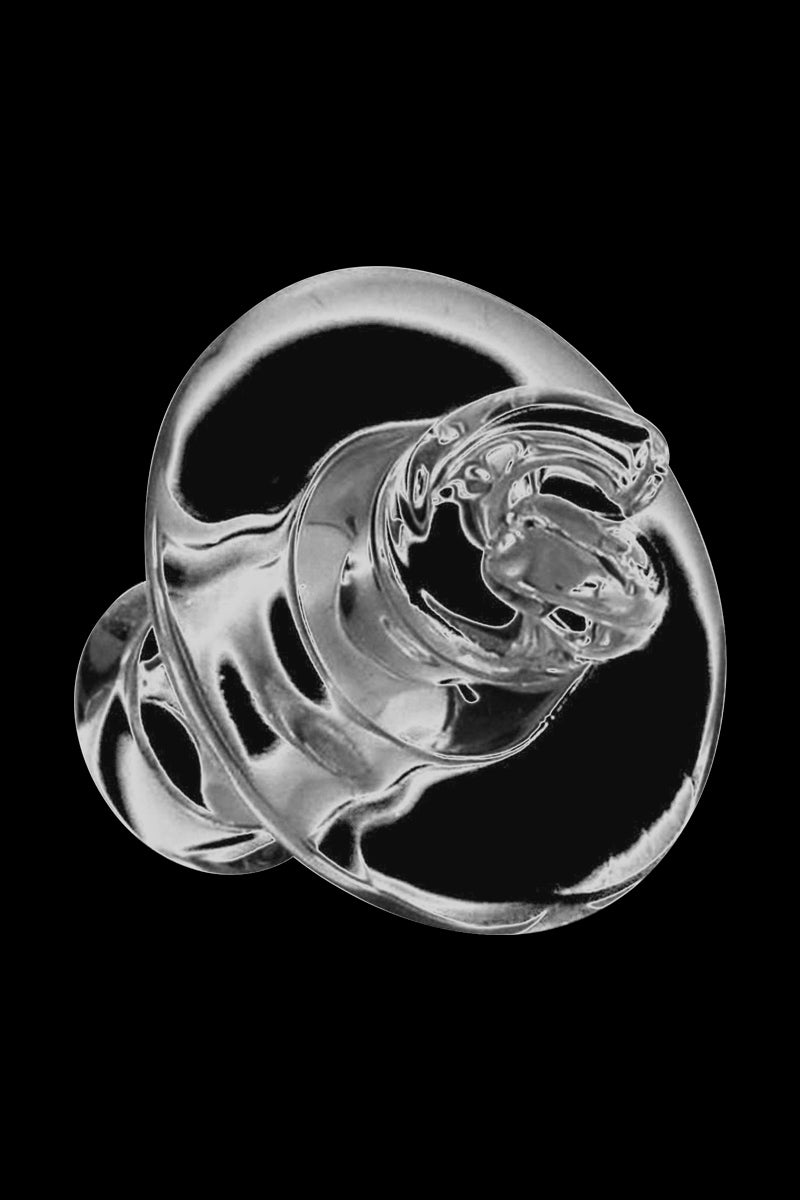 A close-up shot of the Vortex Thermal Carb Cap with Curved Airflow, showcasing its clear glass construction and curved design.