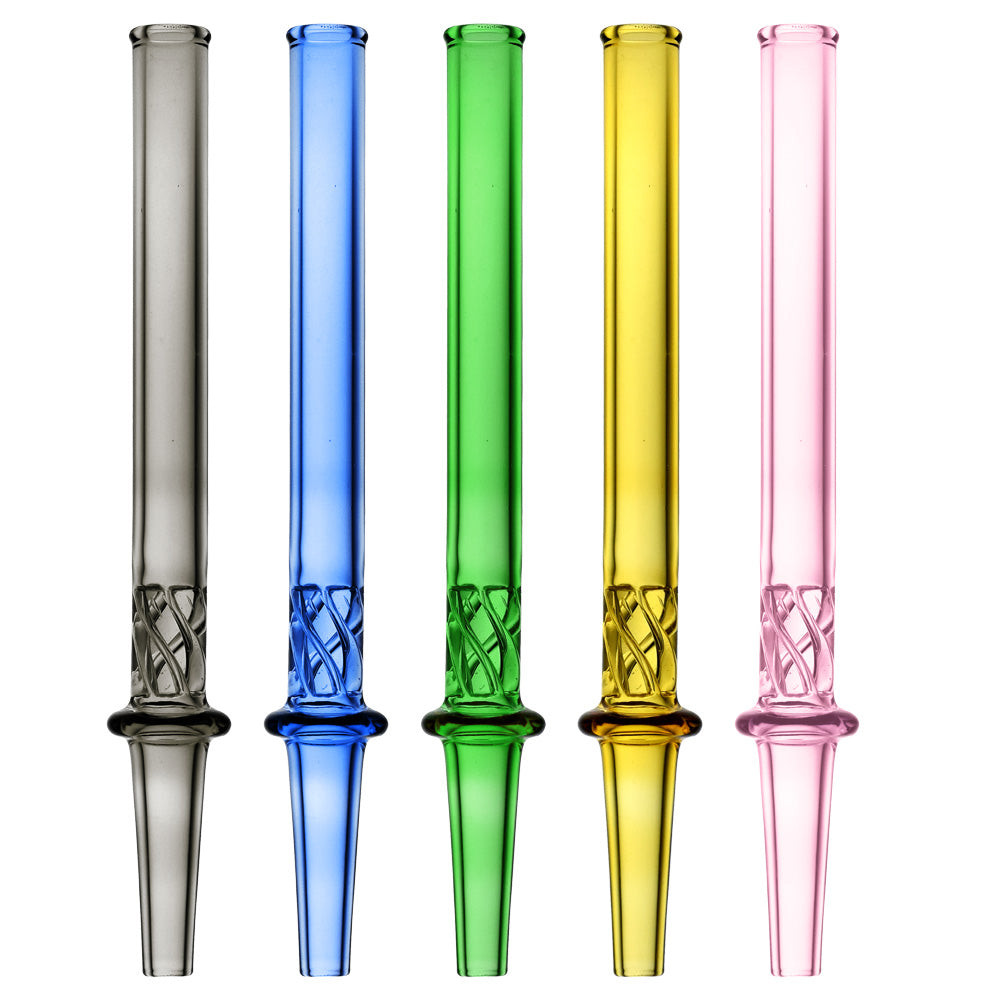 Front view of the ten Vortex Twist Dab Straws, each with a twisted glass design and a sleek, minimalist form.