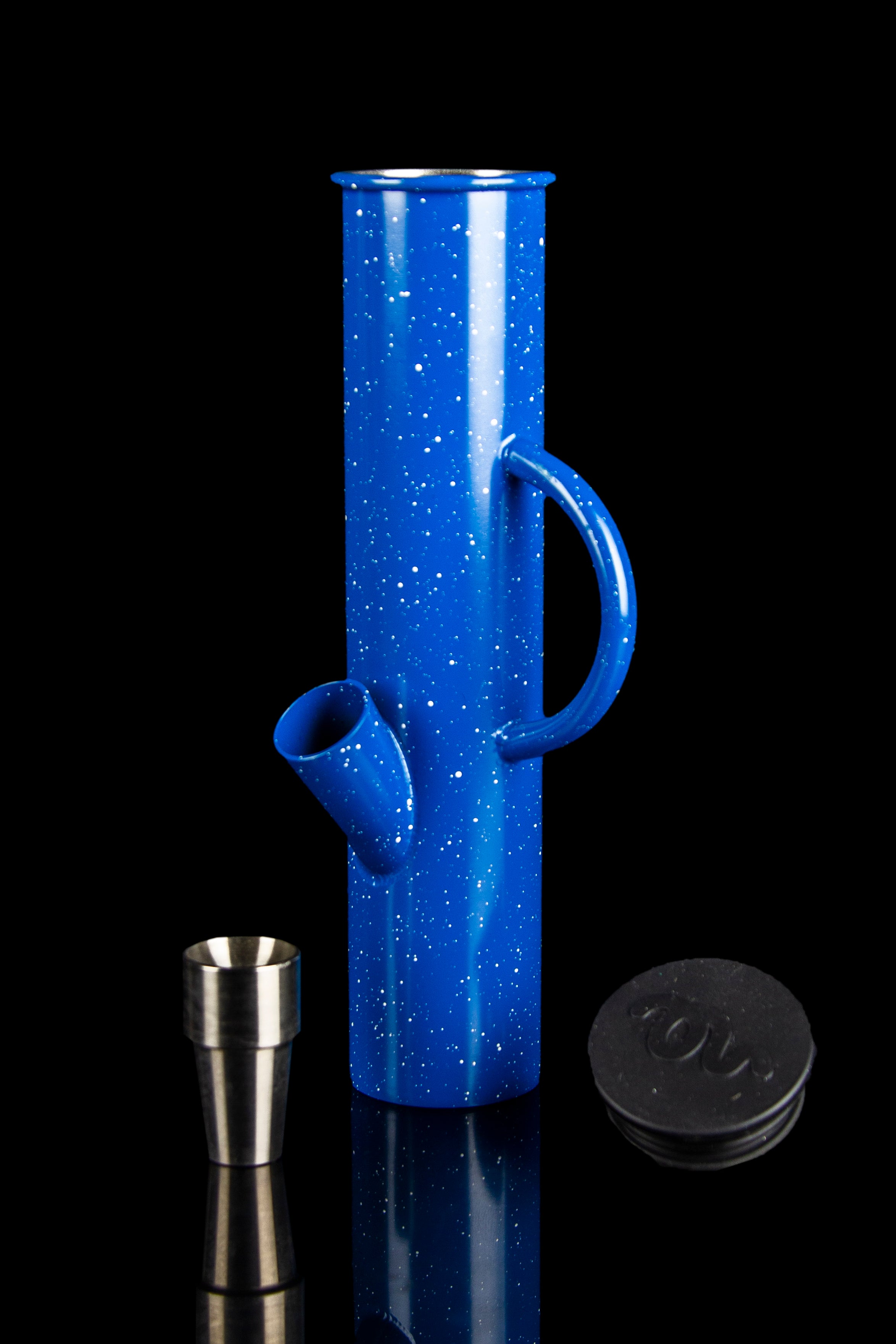 Blue speckled glass water pipe with a metal bowl and lid, studio shot.