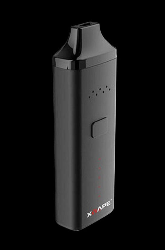 Front view of the XVAPE Avant Dry Herb Vaporizer, a sleek, black handheld device against a dark background.