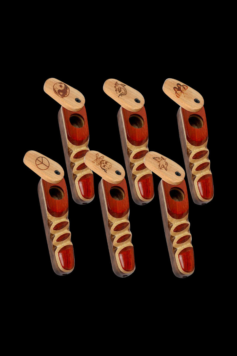 Front view of the Wood Spoon Pipe with Engraved Swivel Lid, showcasing a dark wood finish and detailed engravings on the lid.