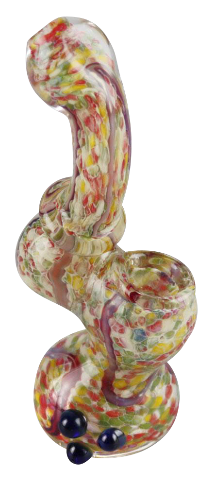 A front view of the Worked Beaded Mini Bubbler Pipe, showing its colorful glass and beaded accents.