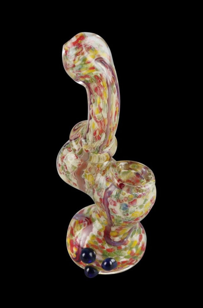 A front view of the Worked Beaded Mini Bubbler Pipe, featuring colorful glasswork and beaded accents.