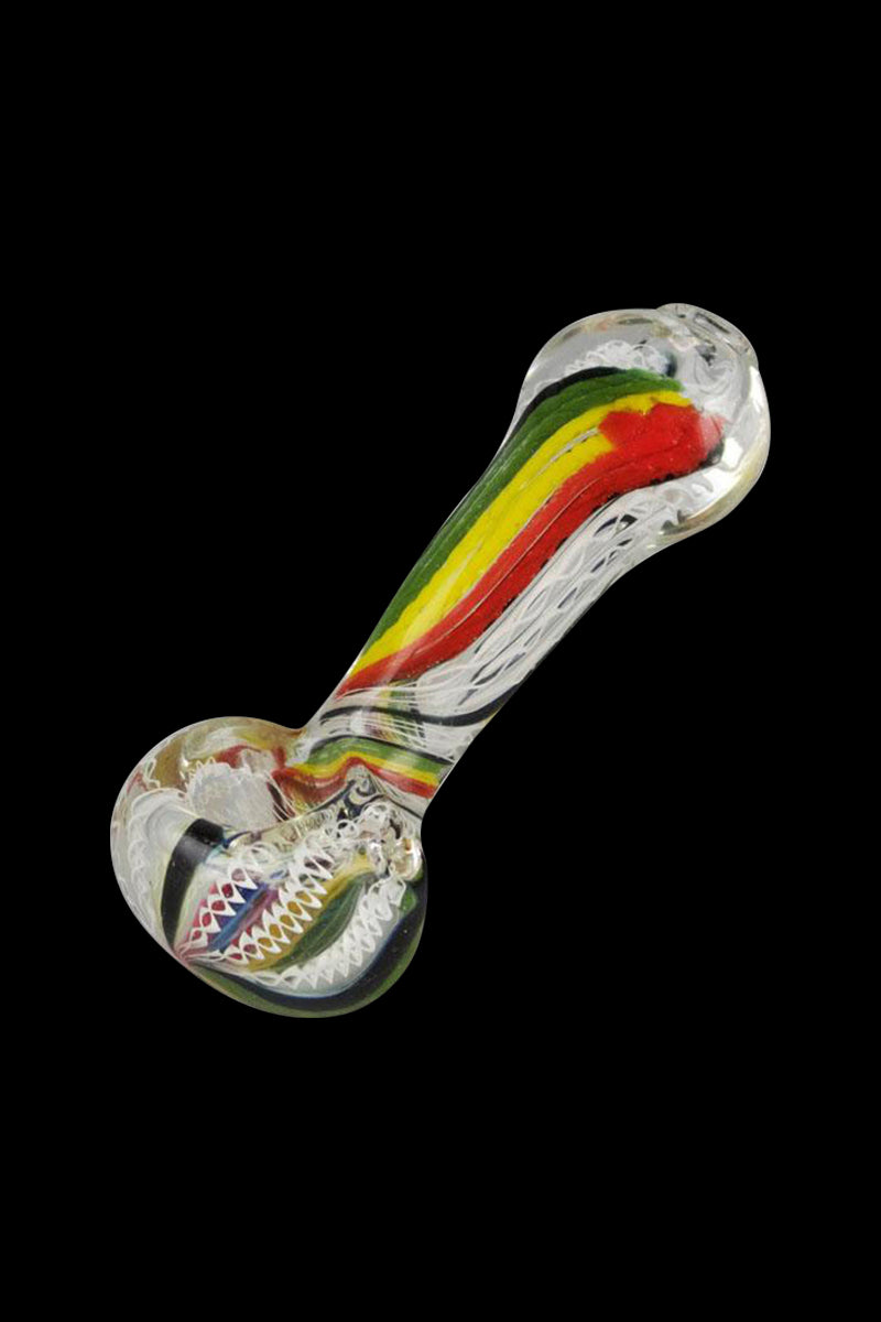 A side view of the Worked Rasta Hand Pipe, showcasing the red, yellow, and green glass design.