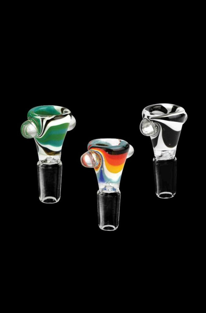 Three worked swirl herb slide pieces—green, rainbow, and black-and-white—shown front-facing against a black background, titled Worked Swirl Herb Slide.