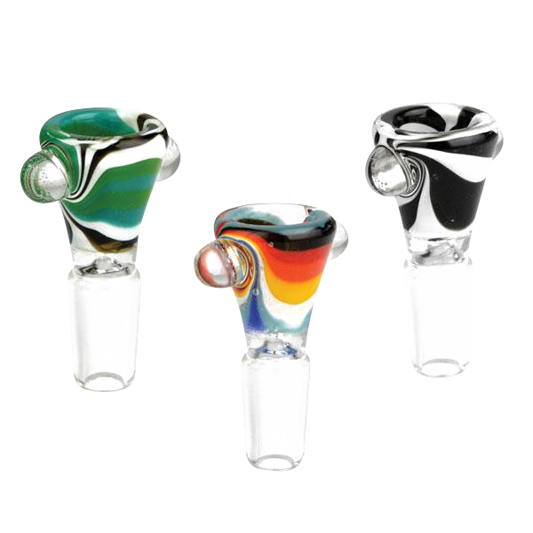 Three Worked Swirl Herb Slide bowls in green, rainbow, and black swirl patterns shown front-on against a white background