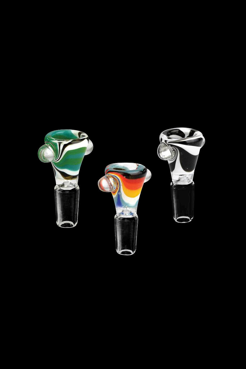 Front-facing trio of Worked Swirl Herb Slide pieces—green, rainbow, and black swirl bowls—arranged against a black background.