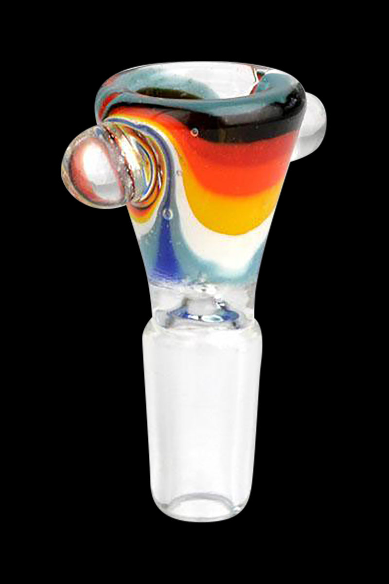 Top-front view of a colorful Worked Swirl Herb Slide showing concentric red, orange, yellow and blue swirls on clear glass with a rounded grip knob against a black background.
