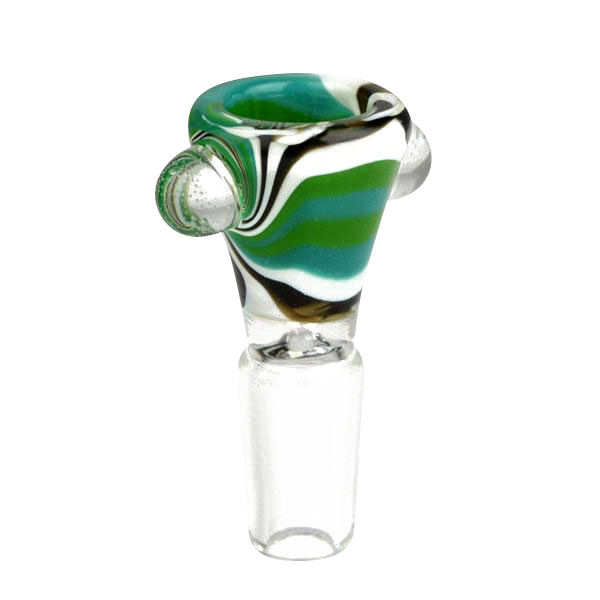 Close-up front view of the Worked Swirl Herb Slide showing green, white, black and turquoise swirled glass with a clear stem.