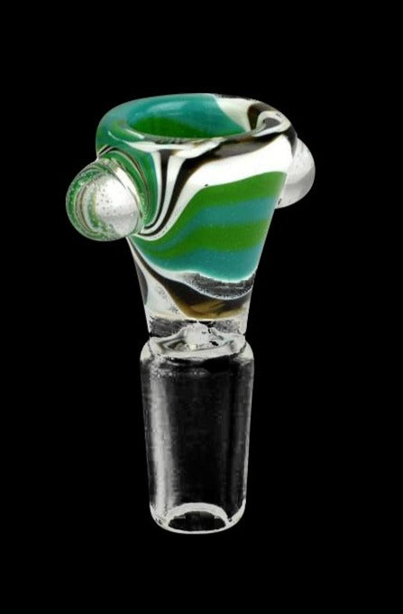 Close-up front view of the Worked Swirl Herb Slide showing green, white, and black swirled glass with a rounded pinch and clear frosted stem against a black background.