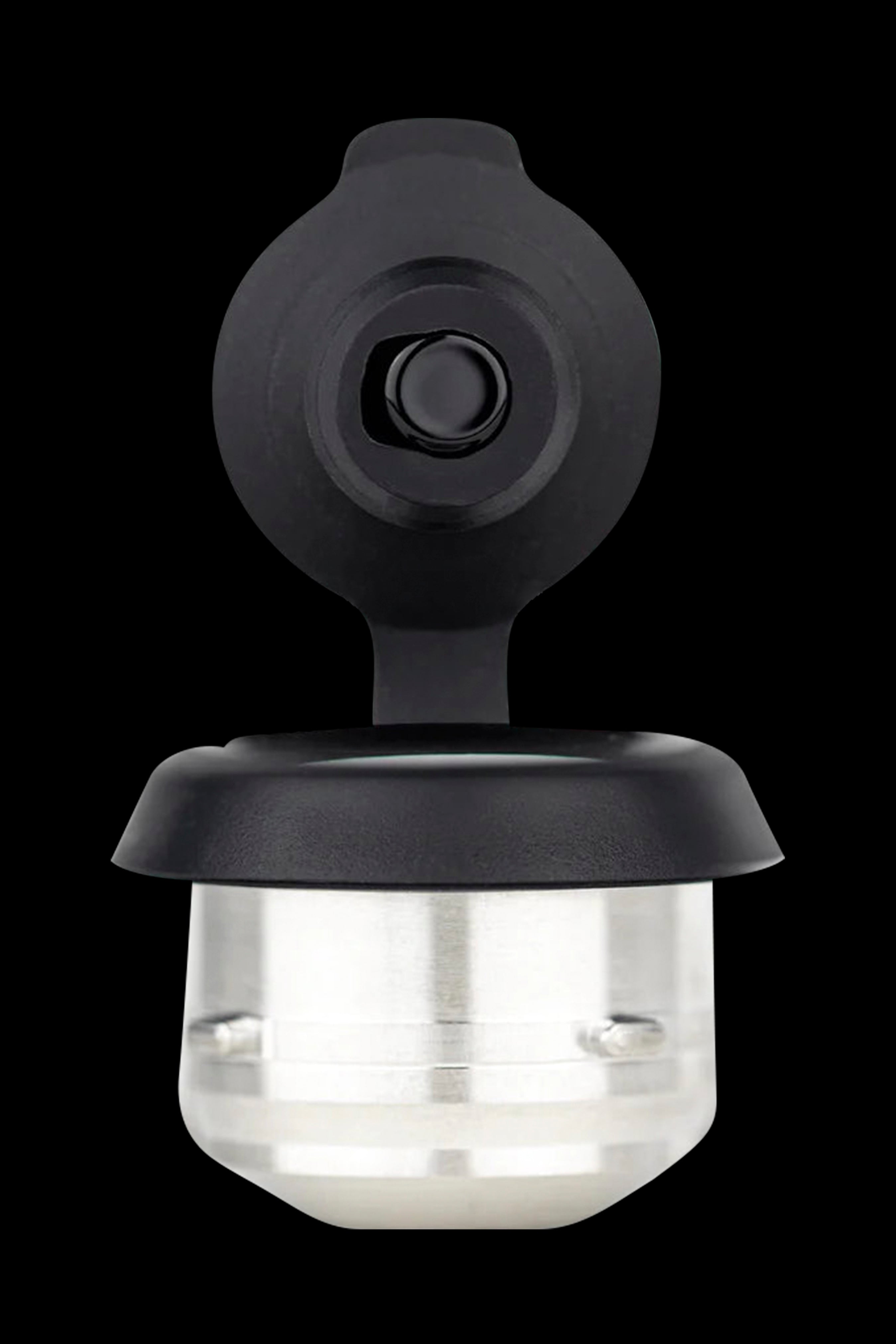 Silver cannabis oil concentrate container with black cap and mouthpiece.