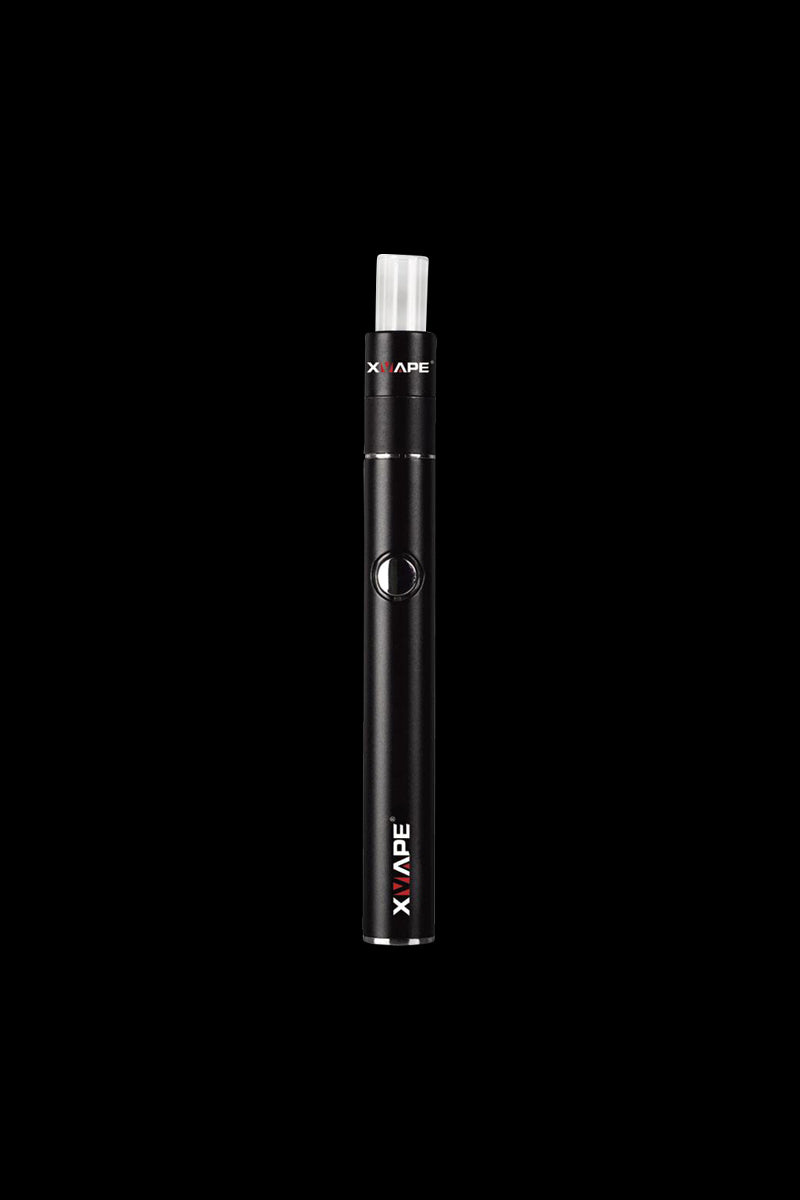 Front view of the XVAPE Cricket+ Concentrate Vaporizer, a sleek, silver device against a black background.