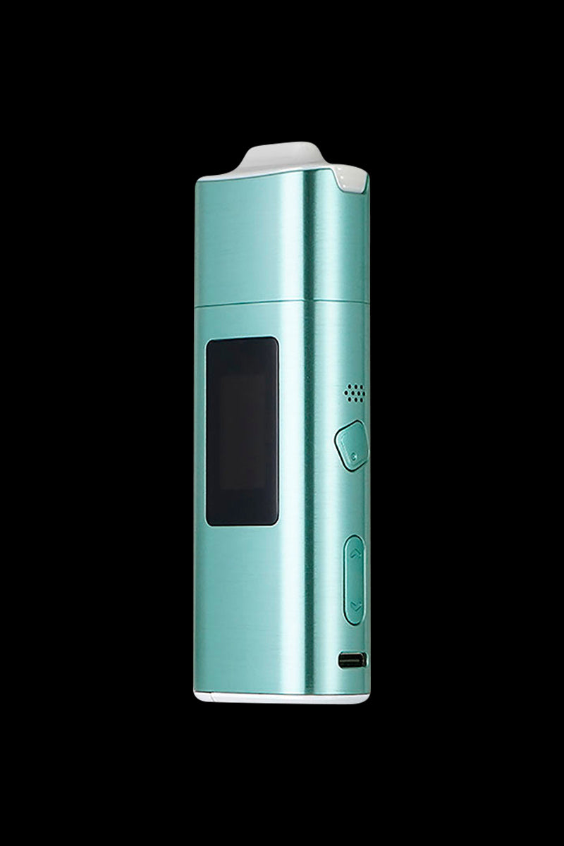 Teal cannabis vaporizer pen with digital display.