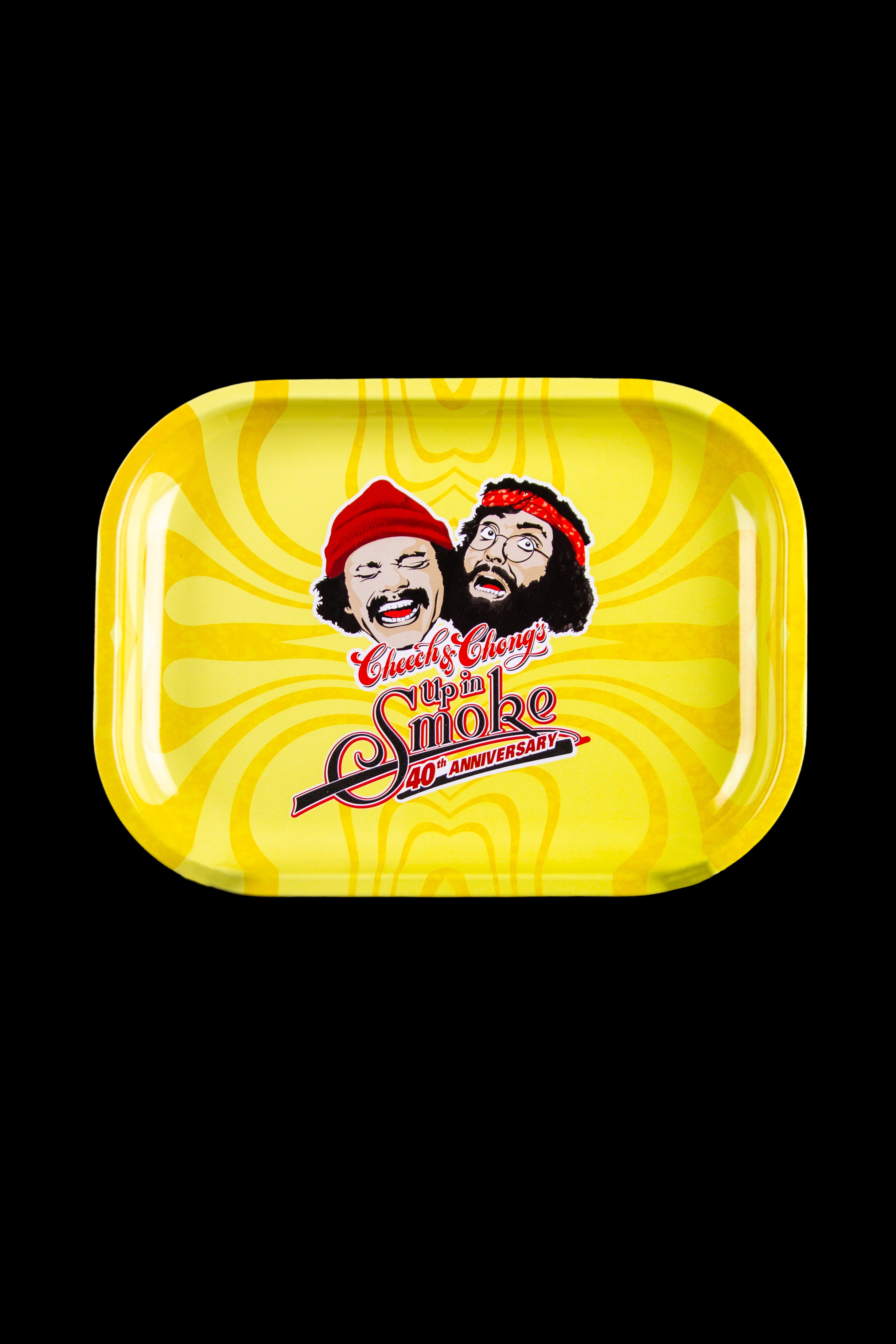 Yellow rolling tray featuring Cheech & Chong's faces and "Up in Smoke 40th Anniversary" logo.
