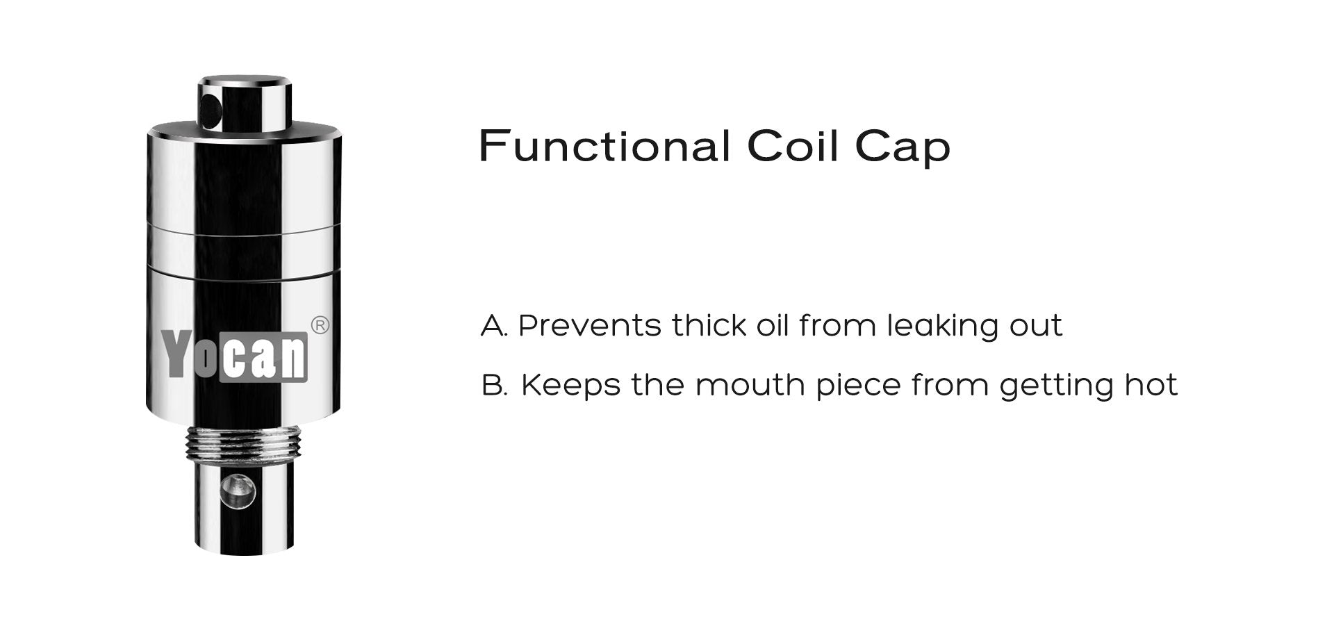 Left-side close-up of a reflective metal coil cap with the Yocan Evolve Vaporizer logo, shown against a white background with descriptive text on the right.