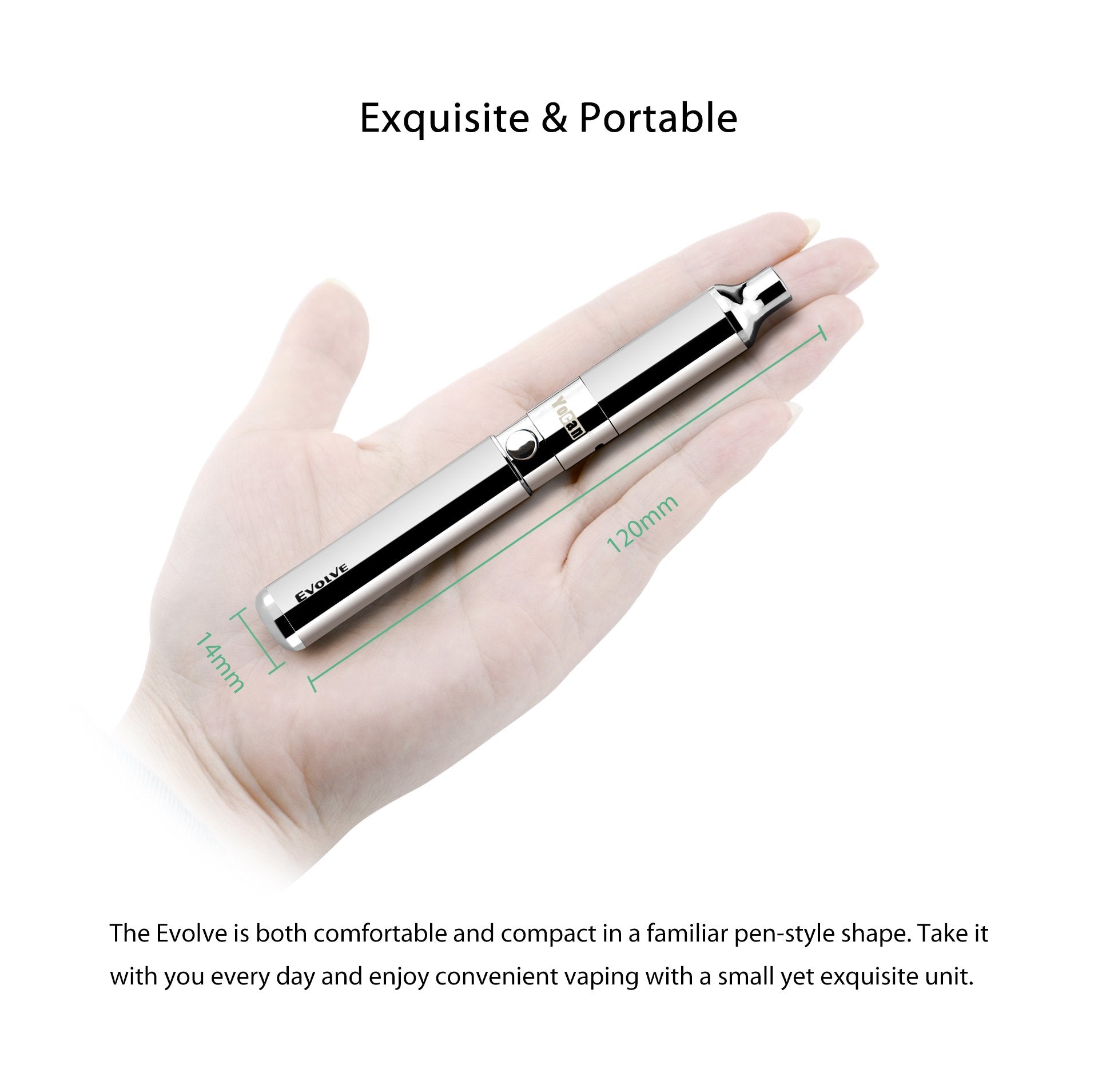 Close-up of a hand holding a shiny silver Yocan Evolve Vaporizer shown at a slight angle on a white background.
