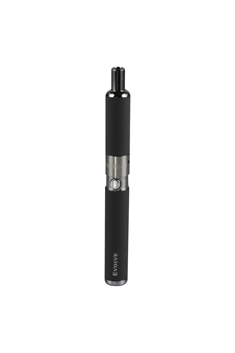Centered front view of the black Yocan Evolve-D Dry Herb Vaporizer Pen against a white background, showing its metal mouthpiece and central control button.
