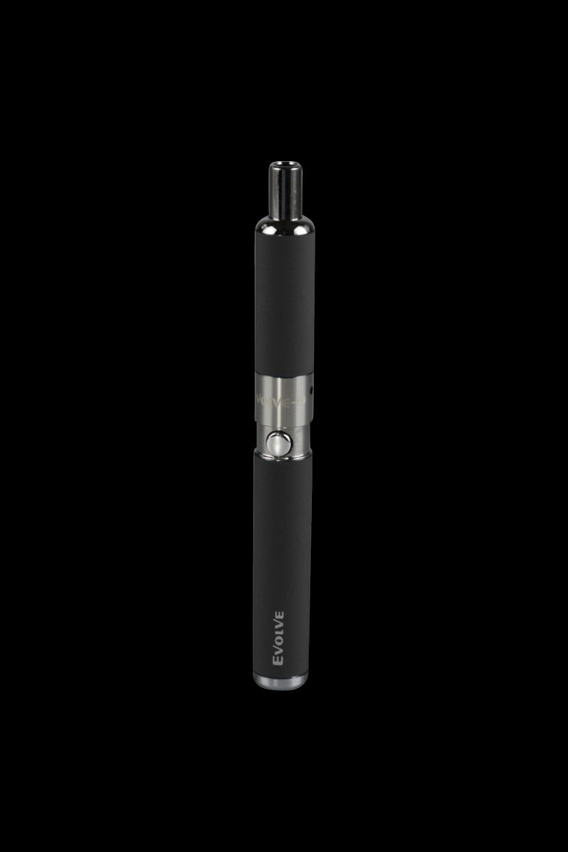 Centered, front view of the black Yocan Evolve-D Dry Herb Vaporizer Pen against a solid black background, showing its metal button and mouthpiece.